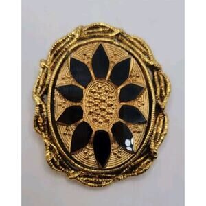 Vintage Florenza Black Glass Gold Victorian Revival 1950s Brooch